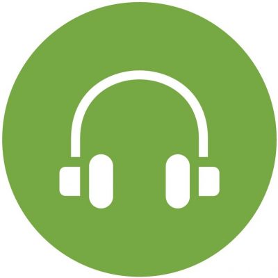 Icon of white over-ear headphones inside Green cirle background
